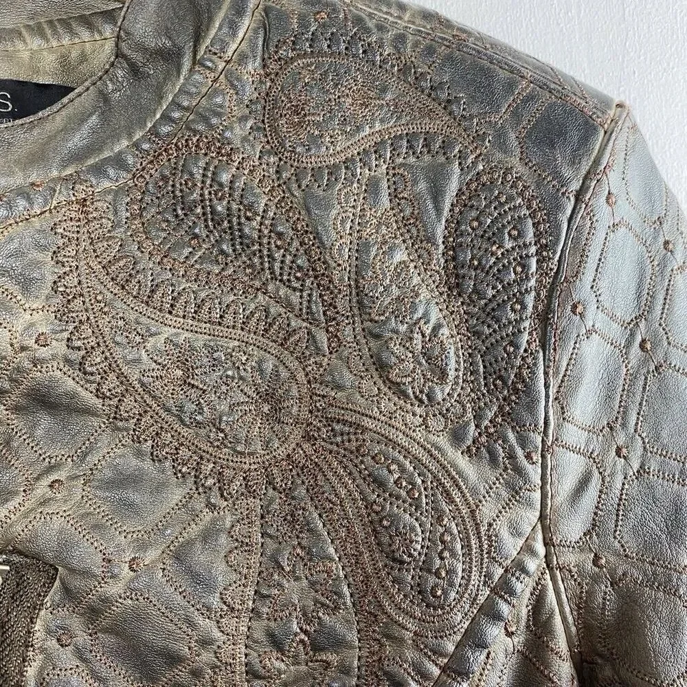 NEW Allen Schwartz Womens Small Lattice Embroidered Brown Faux Leather Jacket